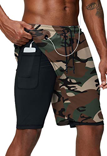 Pinkbomb 2-in-1-Laufshorts für Herren, für Fitnessstudio, Workout, schnell trocknend, mit Handytasche, grün camo, Mittel von Pinkbomb