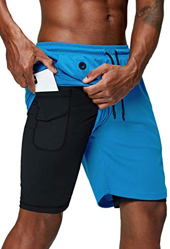 Pinkbomb 2-in-1-Laufshorts für Herren, für Fitnessstudio, Workout, schnell trocknend, mit Handytasche, hellblau, Mittel von Pinkbomb