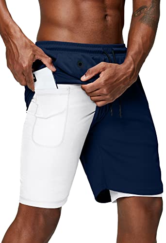 Pinkbomb Herren 2-in-1 Laufshorts Gym Workout Quick Dry Herren Shorts mit Handytasche, Marineblau 2, Mittel von Pinkbomb