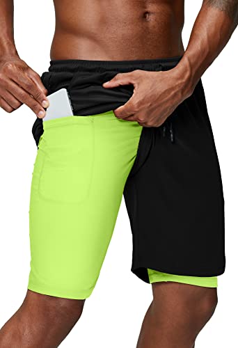 Pinkbomb Herren 2-in-1 Laufshorts für Fitnessstudio, Workout, schnell trocknend, mit Handytasche, schwarz und grün, XX-Large von Pinkbomb