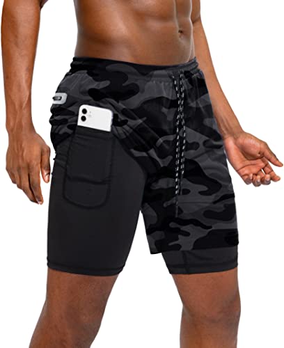 Pinkbomb Herren 2-in-1 Workout-Laufshorts mit Handytasche, schnelltrocknend, sportliches Fitnessstudio für Männer mit Reißverschlusstasche, grau, Mittel von Pinkbomb