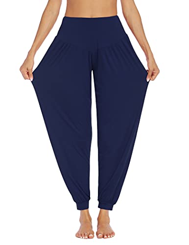 PINSPARK Yogahose Damen Lang Haremshose Sport Yoga Hose Curvy Jogginghose Oversize Pluderhosen Freizeithose Elegant Sporthosen Blau L von PINSPARK