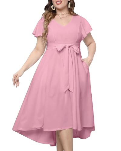 Damen Plus Size High Low Flatterärmel Hochzeit Gast Semi Formal Maxi Langes Kleid mit Taschen, Blush Pink, 44 Mehr von Pinup Fashion