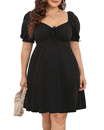 Pinup Fashion Frauen Plus Größe Casual Puffärmel Gesmokt Kurze Sommer Sommerkleid A Linie Babydoll Nette Mini Kleider, Schwarz, 56 Mehr von Pinup Fashion