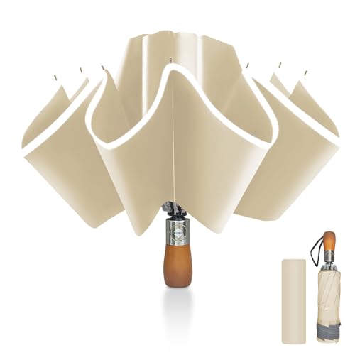 Pioggistar Regenschirm Sturmfest, Taschenschirm für Herren und Damen, Umgekehrter Regenschirme 10 Rippen, Holzgriff Regenschirm, Automatisch Auf und Zu, kompakt, Durchmesser 105 cm, Beige von Pioggistar