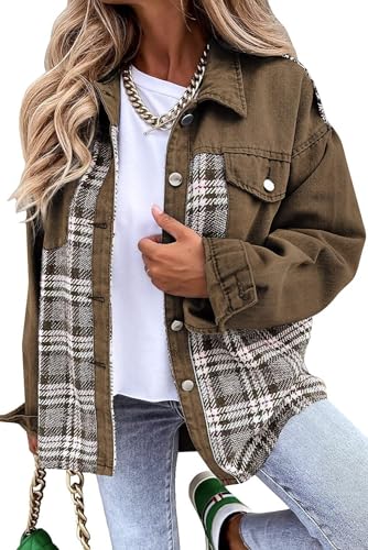 Damen Button Down Denim Jacken für Frauen Mode Langarm Plaid Shacket Jacke, braun, 38 Damen Button Down Denim Jacken für Frauen Mode Langarm Plaid Shacket Jacke, braun, 38 von Placitiume