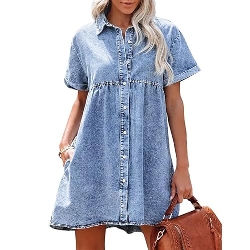 Placitiume Damen Babydoll Jeanskleid Kurzarm Knopfleiste Jeanshemd Kleid mit Stufen, hellblau, S Placitiume Damen Babydoll Jeanskleid Kurzarm Knopfleiste Jeanshemd Kleid mit Stufen, hellblau, S von Placitiume