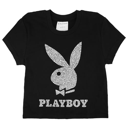 Playboy Babydoll-T-Shirt für Damen, weiches Baumwoll-Mischgewebe, mit Kunst-Strass-Druck oder Glitzer, Größen S-XL, Schwarz mit Kunst-Strass-Hase, X-Large Kurz Playboy Babydoll-T-Shirt für Damen, weiches Baumwoll-Mischgewebe, mit Kunst-Strass-Druck oder Glitzer, Größen S-XL, Schwarz mit Kunst-Strass-Hase, X-Large Kurz von Playboy