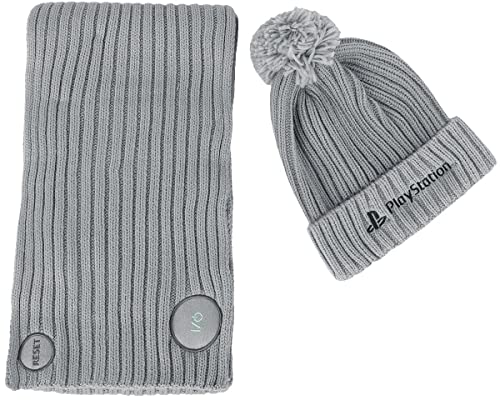 Playstation Unisex Sony Logo Bobble Ribbed Beanie & Scarf Gift Mütze, Schal & Handschuh-Set, Grau (Grey Grey), One Size (5er Pack) von Playstation