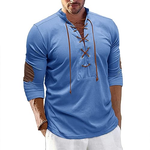 Plilima Henley Shirt Herren Mittelalter Hemd Stehkragenhemd Schnürhemd Hemden Freizeithemden Langarm T-Shirt von Plilima