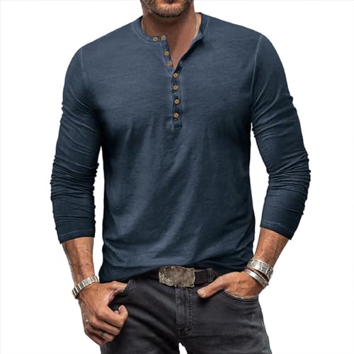 Plilima Herren Hemden Langarm Henley Shirt Herren Vintage Hemd Männer T-Shirt Herren Freizeithemden Herren Navy XL von Plilima