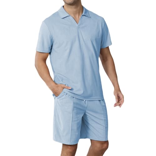 Plilima Trainingsanzug Herren Sportanzug Kurzarm Jogginganzug Herren Sommer Outfit 2 Teilige Poloshirt Set T-Shirt Kurze Hosen Freizeitanzug Blau L von Plilima