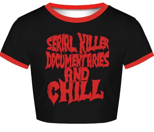 Crop Tops für Damen, Sommer, lässig, kurzärmelig, Gothic, Halloween-Druck, bauchfreies T-Shirt, Serial Killer 019, Klein Crop Tops für Damen, Sommer, lässig, kurzärmelig, Gothic, Halloween-Druck, bauchfreies T-Shirt, Serial Killer 019, Klein von Plustrong