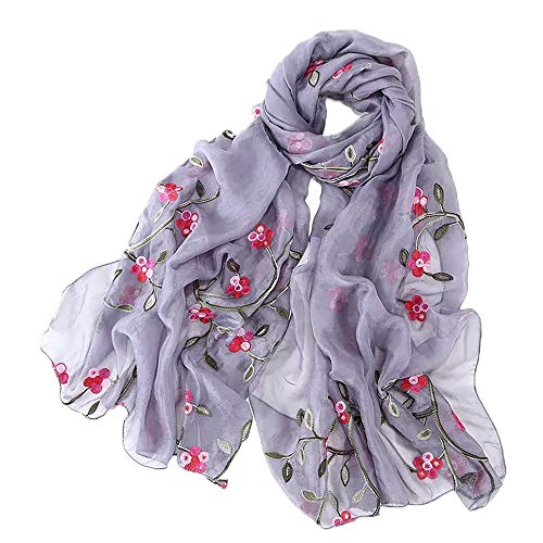 Pluto & Fox Damen Foulard bestickt mit Blumen Seidenschal Elegantes Retro-Design Schal Halsstola (Grau) von Pluto & Fox