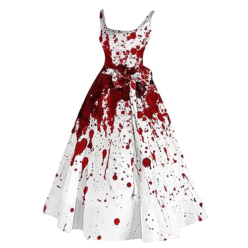 Damen-Halloween-Kleid mit blutigem Aufdruck, lässig, Party, Rundhalsausschnitt, sexy, ärmellos Hämatom T Shirt Damen (15-Red, XXL) von Poamen
