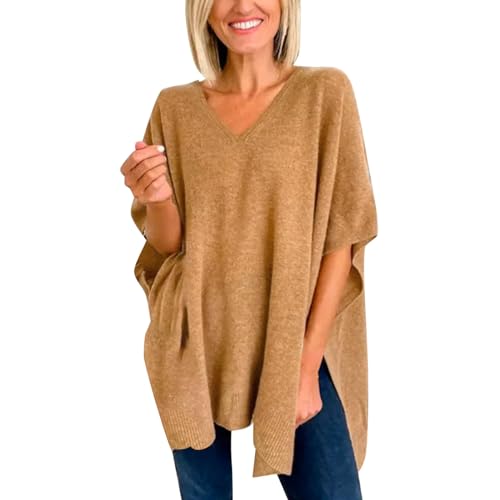 Damen-Pullover, einfarbig, V-Ausschnitt, Streifenstrick, modisch, Poncho, Cape, V-Ausschnitt, lockerer Pullover Pullunder Strick (Khaki, S) von Poamen