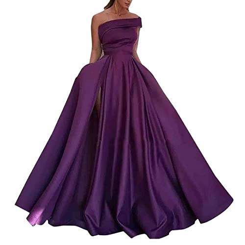 Poamen Kleider Damen Mode Unifarben One-Shoulder-Kleid Elegantes Hochgeschlitztes Abendkleider Ballkleider Ärmelloses Tunika Kleid mit Großem Saum(Lila,XXL) von Poamen