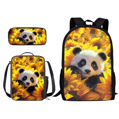 Poceacles 3-teiliges Set für Kinder, Schulrucksack, Jungen und Mädchen, bequeme Büchertasche mit Thermo-Lunchbox und Federmäppchen für Kinder, Panda-Sonnenblume, Einheitsgröße von Poceacles