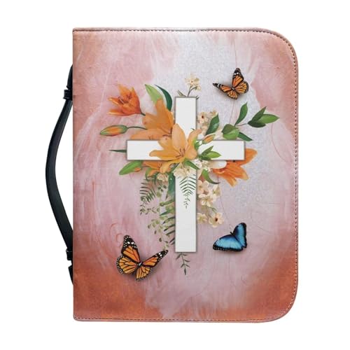 Poceacles Bibeletui aus Leder mit Kreuz, Blumenmuster, Schmetterling, Hardcover, Bibel, kleine Größe, mit Reißverschluss, Bibelschutztasche, Schrift, katholisches christliches Geschenk, XL, von Poceacles