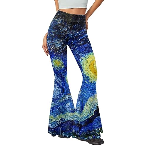 Poceacles Damen Elastische Hohe Taille Leggings Flare Leg Bell Bottom Lange Weite Bein Hosen Hosen, Van Gogh Sternennacht, L Lange von Poceacles