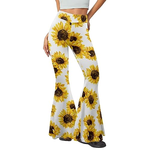 Poceacles Damen Elastische Hohe Taille Leggings Flare Leg Bell Bottom Lange Weite Bein Hosen Hosen, Weiße Sonnenblumen, XL Länge von Poceacles