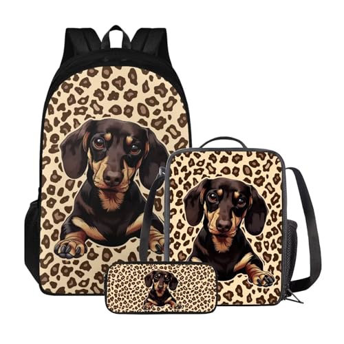 Poceacles Kinder-Rucksack-Set, 3-teilig, Grundschulrucksäcke für Jungen, Mädchen, Büchertasche und Lunchbox, Federmäppchen, Dackel-Leopard von Poceacles