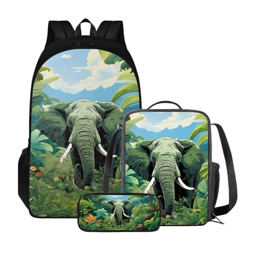 Poceacles Kinder-Rucksack-Set, Lunchtasche und Federmäppchen, leichter Schulrucksack für Kinder, elementare Büchertasche für Schüler, Grüner Elefant von Poceacles