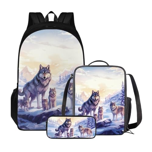 Poceacles Kinder-Rucksack-Set, Lunchtasche und Federmäppchen, leichter Schulrucksack für Kinder, elementare Büchertasche für Schüler, Winterwolf von Poceacles