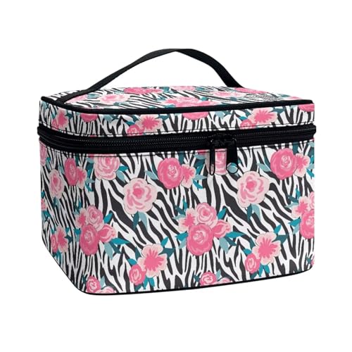 Poceacles Reise-Make-up-Tasche, große Kapazität, Kosmetiktasche für Damen, tragbare Tasche, Kulturbeutel, Make-up-Organizer mit Griff, Zebra Stripe Rose, Einheitsgröße von Poceacles