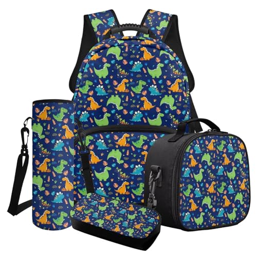 Poceacles Rucksack für Jungen und Mädchen, 4-teiliges Set mit Schultasche, Lunchtasche, Federmäppchen, Rucksack für Grundschule, Cartoon-Dinosaurier, blau, Einheitsgröße, Schulranzen-Set Poceacles Rucksack für Jungen und Mädchen, 4-teiliges Set mit Schultasche, Lunchtasche, Federmäppchen, Rucksack für Grundschule, Cartoon-Dinosaurier, blau, Einheitsgröße, Schulranzen-Set von Poceacles