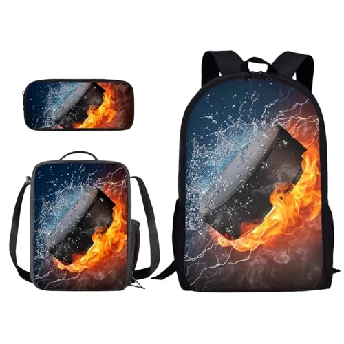 Poceacles Rucksack für Kinder, Mädchen, Jungen, Schulranzen-Set mit Lunchbox, Federmäppchen, Grundschule, Büchertasche, Wanderrucksack, Eishockey, Einheitsgröße von Poceacles