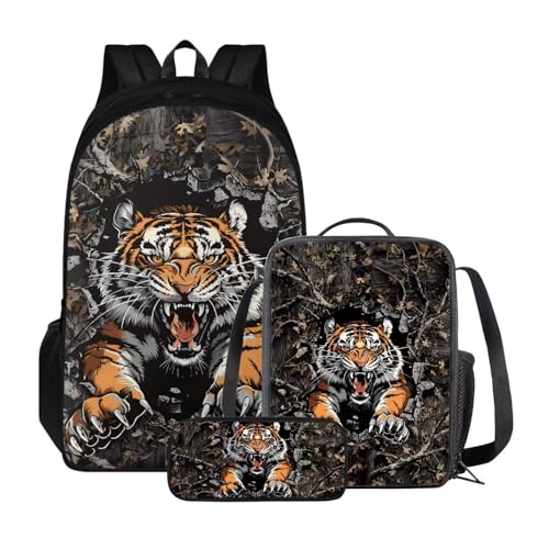 Poceacles Rucksack für Mädchen und Jungen, 3-teiliges Set, Kinderrucksack mit Lunchtasche + Federmäppchen, Schultasche für Grundschule, Tiger Jagd Camouflage von Poceacles