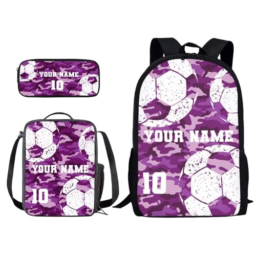 Poceacles Schulrucksack-Set für Kinder, 3-teiliges Set, für Jungen und Mädchen, Büchertasche mit Lunchbox, Federmäppchen, lässiger Tagesrucksack-Set, Fußball, Violett, Camouflage, Einheitsgröße von Poceacles