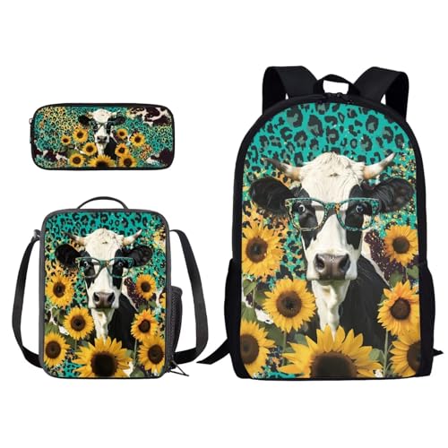 Poceacles Schulrucksack-Set mit 3 Stück, Schulbüchertaschen-Set für Jungen, Mädchen, Teenager, Outdoor-Rucksack + Lunchtasche + Federmäppchen, Kuh, Sonnenblume, Leopard, Einheitsgröße von Poceacles