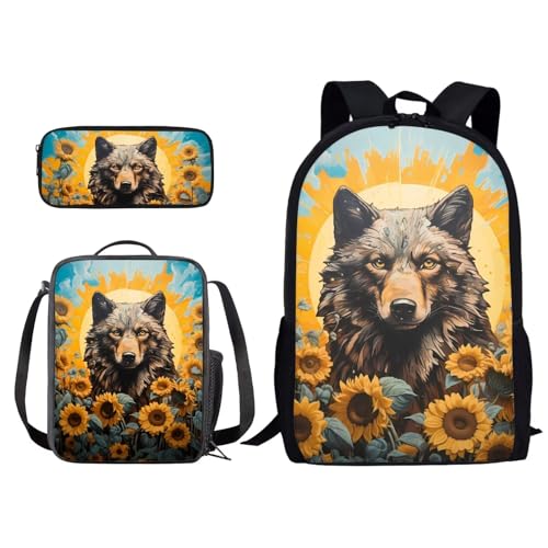 Poceacles Schulrucksack-Set mit 3 Stück, Schulbüchertaschen-Set für Jungen, Mädchen, Teenager, Outdoor-Rucksack + Lunchtasche + Federmäppchen, Sonnenblumen-Wolf, Einheitsgröße von Poceacles