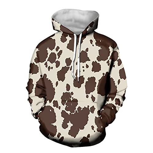 Poceacles Unisex Sweatshirt Kapuzenpullover mit Kängurutasche, leicht Casual Hoodie Sweatshirt für Reisen Sport, Novetly Männer Pullover Grafik, Kuh-Muster, braun, L von Poceacles