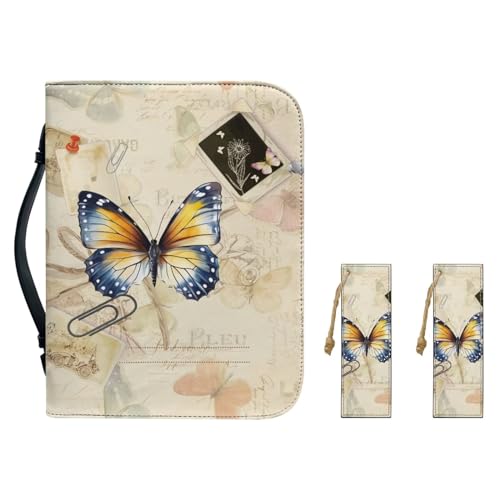 Poceacles Vintage Schmetterling Print Bibel Cover Case mit Griff für Frauen PU Leder Bibel Tragetasche für Mädchen mit 2 Leder Lesezeichen 3pcs Set Bibel Tragetasche mit strapazierfähigem Griff L von Poceacles