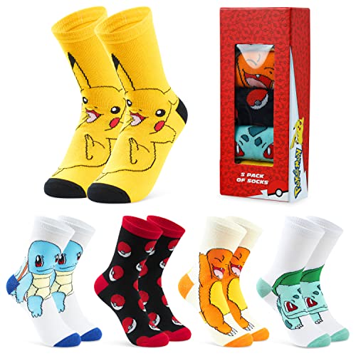 Pokemon Jungen Socken 5 Pack Pikachu Knöchel Socken Kinder Dehnbar Atmungsaktiv Crew Socken für Jungen Mädchen und Jugendliche Geschenke (3.5-6.5, Mehrfarbig) von Pokémon