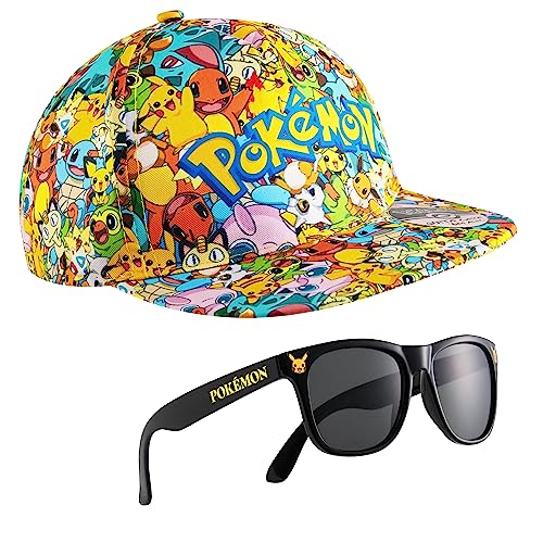 Pokemon Kinder Snapback Kappe, Bucket Hat, Mützen Fischerhut Jungen Mädchen Fischermütze Anglerhut Sonnenhut Pikachu (Mehrfarbig Baseball Cap/Sonnenbrille Set) von Pokémon