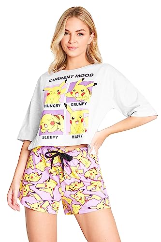 Pokemon Schlafanzug Damen Kurz Set - Baumwoll-Pyjama Damen Kurz mit Pikachu - Bequeme Damen Schlafanzug Kurz, Kurzer Schlafanzug Damen, Perfekt für Nachtwäsche & Loungewear (M, Grau/Rosa) von Pokémon