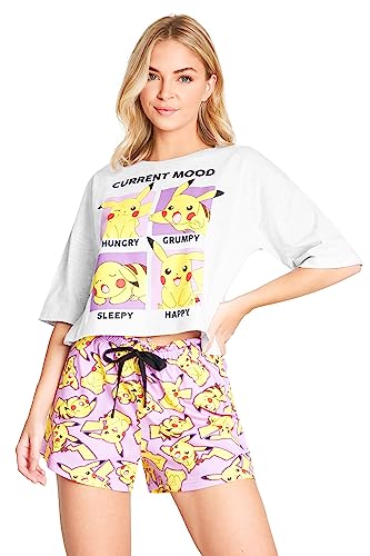 Pokemon Schlafanzug Damen Kurz Set - Baumwoll-Pyjama Damen Kurz mit Pikachu - Bequeme Damen Schlafanzug Kurz, Kurzer Schlafanzug Damen, Perfekt für Nachtwäsche & Loungewear (XL, Grau/Rosa) von Pokémon