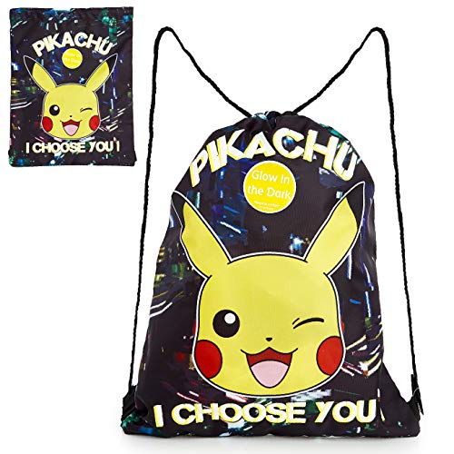 Pokemon Turnbeutel Kinder, Schwarz Beutel Rucksack mit Pikachu, Leuchtet im Dunkeln Rucksack Beutel, Gym, Festival und Schwimmen Turnsack mit Kordelzug, Schuhbeutel Sport Gross von Pokémon