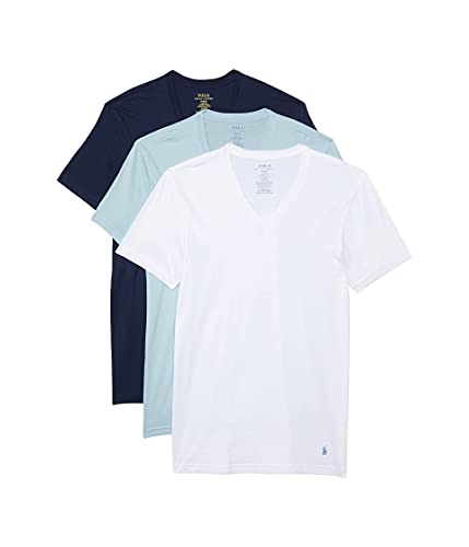 POLO RALPH LAUREN Unterhemd mit klassischer Passform, mit feuchtigkeitsableitendem 3er-Pack, V-Ausschnitt, Weiß/Surfblau/Cruise Navy MD, Weiß/Surf Blue/Cruise Navy, Mittel von Polo Ralph Lauren