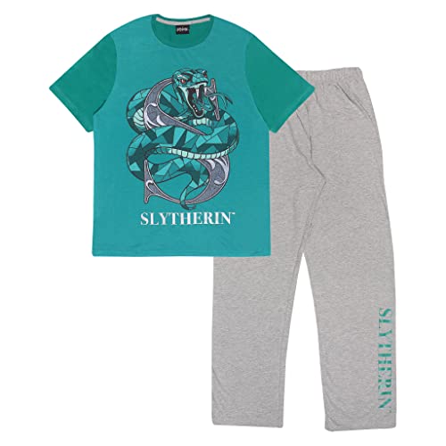 Harry Potter Slytherin Langer Pyjama, Adultes, XS-5XL, Grün/Weiß Heather Grey, Offizielle Handelsware von Popgear