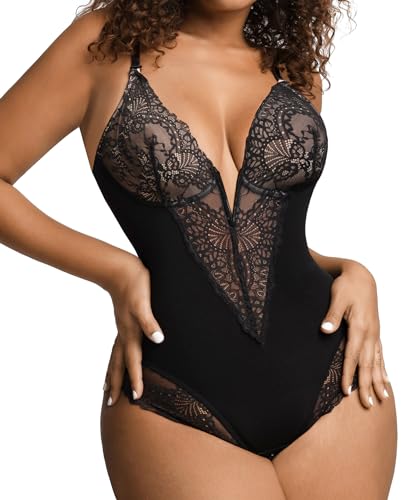 Popilush Tanga-Body für Damen V-Ausschnitt Jumpsuits Bauchweg Figurformender Korsett Shapewear Tops Schwarz von Popilush