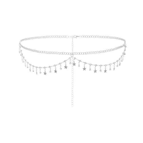 Porceosy Körperkette Shining Taille Zubehör Damen Doppellagig Exotisch mit Strass Quaste Anhänger Hollow Out Design Retro Stil Silber B, B, Metall, Sekundärer Stein von Porceosy