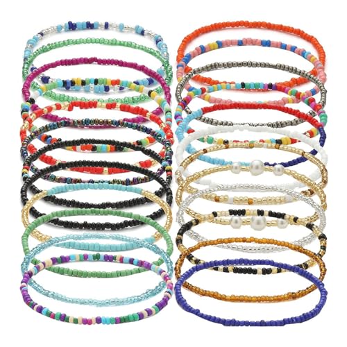 Porceosy Niedliches Boho-Fußkettchen, lebendige Perlen, 24-teiliges Strand-Fußkettchen-Set, bunt, Regenbogenfarben, Bohemian-Stil, elastisch, stapelbar, Perlen, Stretch, Sommer, 24PCS, Perlen, von Porceosy