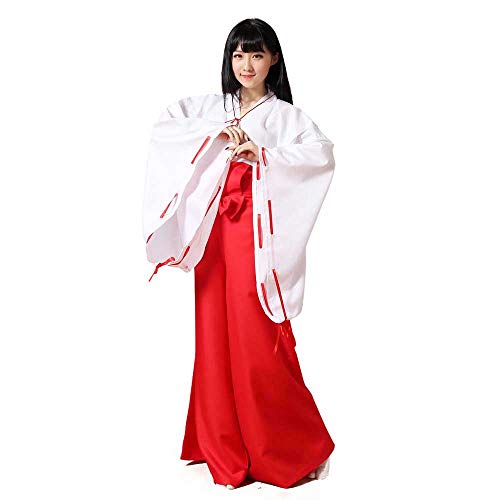 Positive Costume Damen Kimono Rot Hakama Hose Outfit Japanische Anime Kikyo Miko Kimono Cosplay Halloween Hexenkostüm - Rot - X-Large von Positive Costume