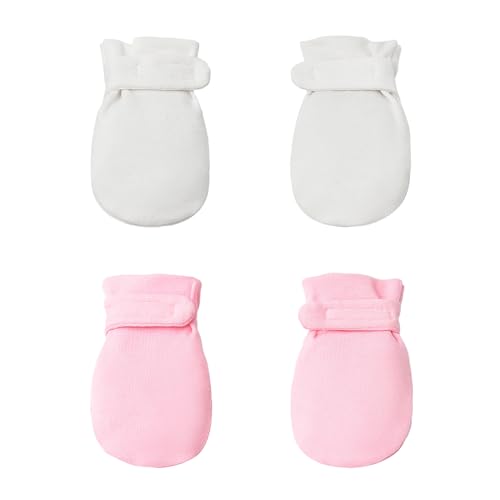 Prapiroon Fäustlinge für Neugeborene, keine Kratzer, bleiben an, 100% Baumwolle, atmungsaktiv, verstellbare Säuglingshandschuhe für Babys, Jungen und Mädchen (Weiß/Rosa, 3-12 Monate) von Prapiroon