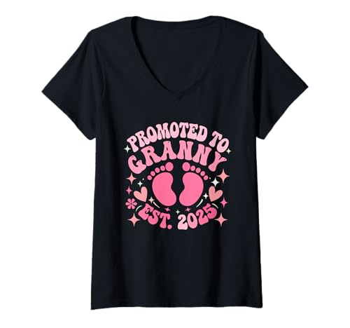 Damen Promoted To Granny Est. 2025 Pregnancy Expecting New Baby T-Shirt mit V-Ausschnitt Damen Promoted To Granny Est. 2025 Pregnancy Expecting New Baby T-Shirt mit V-Ausschnitt von Pregnancy Announcement Mother's Day Costume